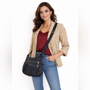 Lior Black Nylon Crossbody Bag Multi-Zip Travel Purse Lightweight Everyday Y2K